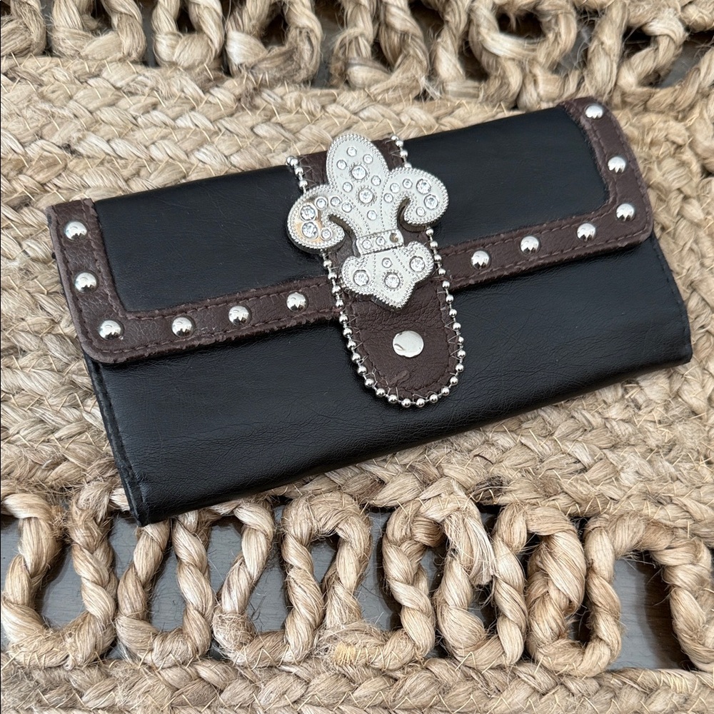Elegant Black and Brown Wallet with Silver Accents